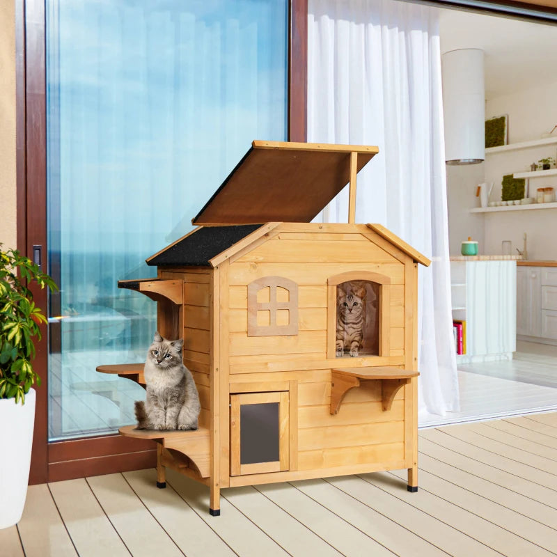 Wooden 2-Story Outdoor Cat House - Weatherproof, Natural Wood Finish