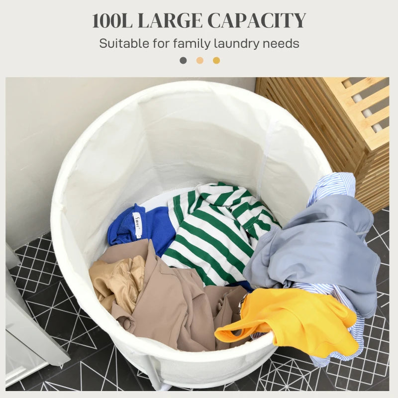 Rolling Laundry Basket on Wheels, 100L Cream White Hamper with Removable Bag