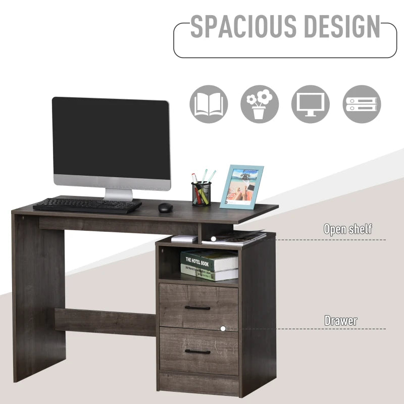 Grey Writing Desk with Drawers and Storage Shelf, 107 x 48cm - Home Office Study Workstation