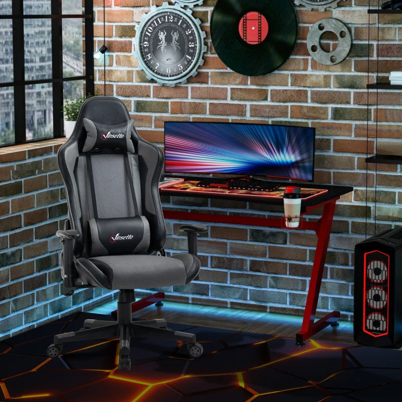 Grey Racing Gaming Chair with Headrest and Lumbar Support