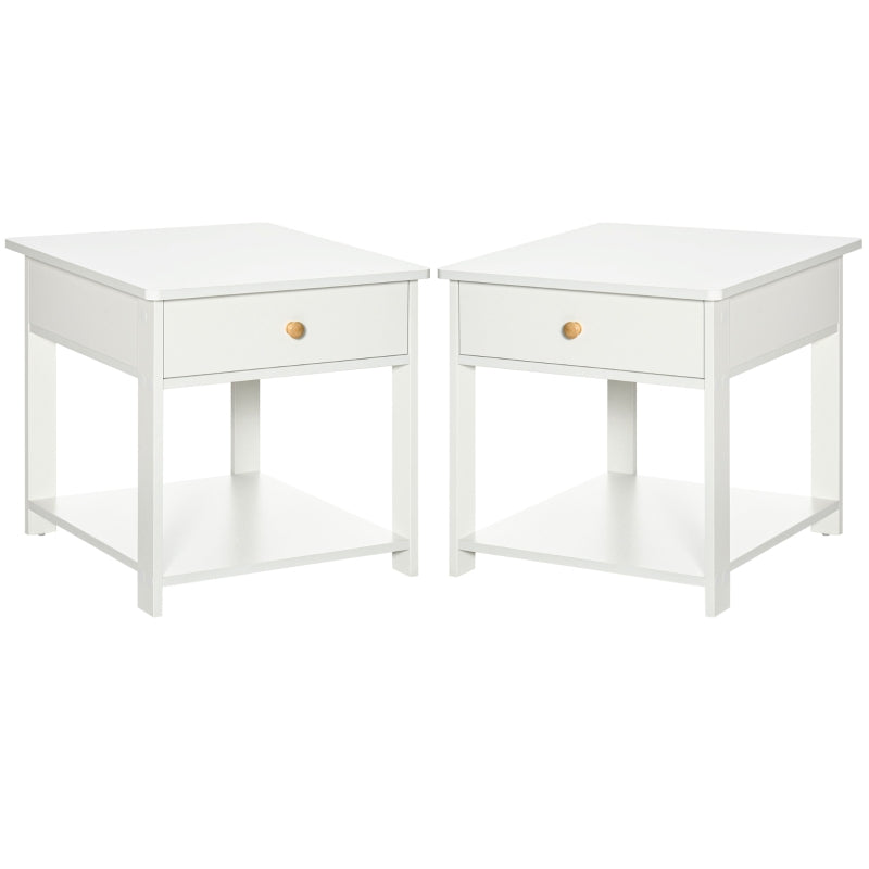 White Square Bedside Table Set with Drawer and Shelf