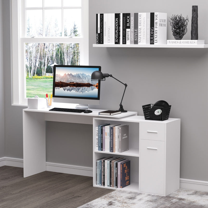 White L-Shaped Computer Desk with Storage Shelf and Drawer