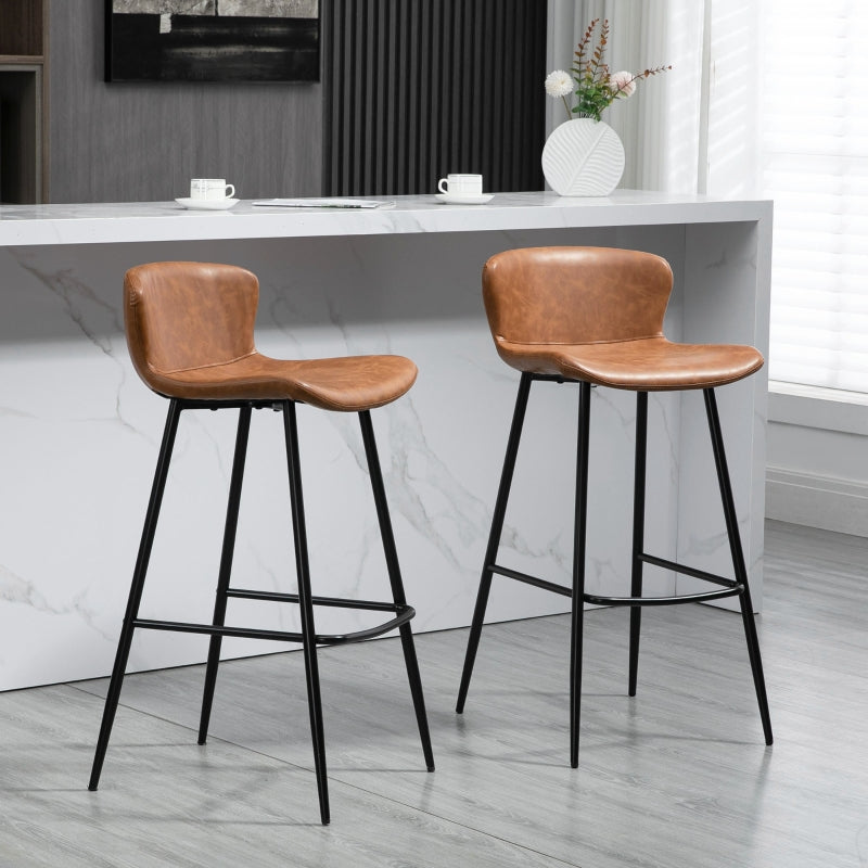 Brown PU Leather Bar Stools Set of 2 with Backs and Steel Legs