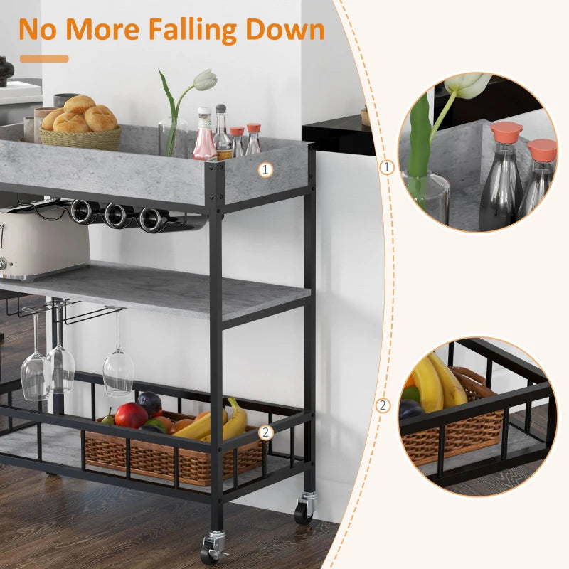 3-Tier Grey Kitchen Cart with Storage Shelves, Wine Racks, and Glass Holders