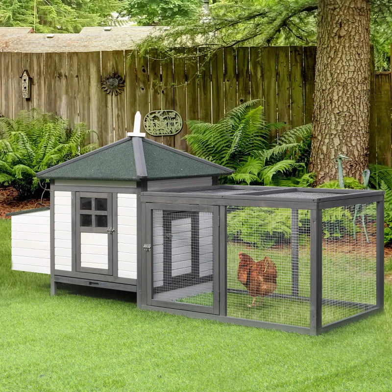 Grey Chicken Coop with Run and Nesting Box - Outdoor Poultry Pen 196x76x97cm