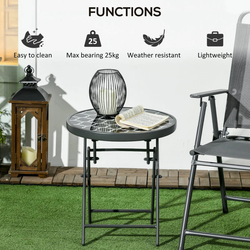 Round Outdoor Folding Patio Table with Imitation Marble Glass Top, Black & White