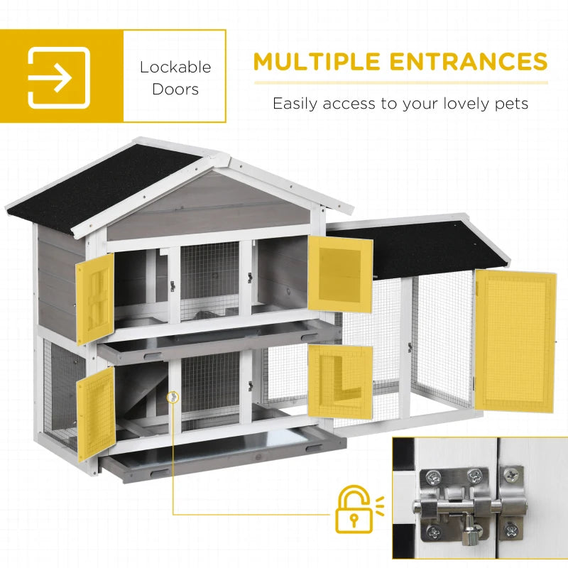 Grey 2 Tier Wooden Small Animal Hutch with Slide-out Tray, Ramp - 150 x 55 x 91cm