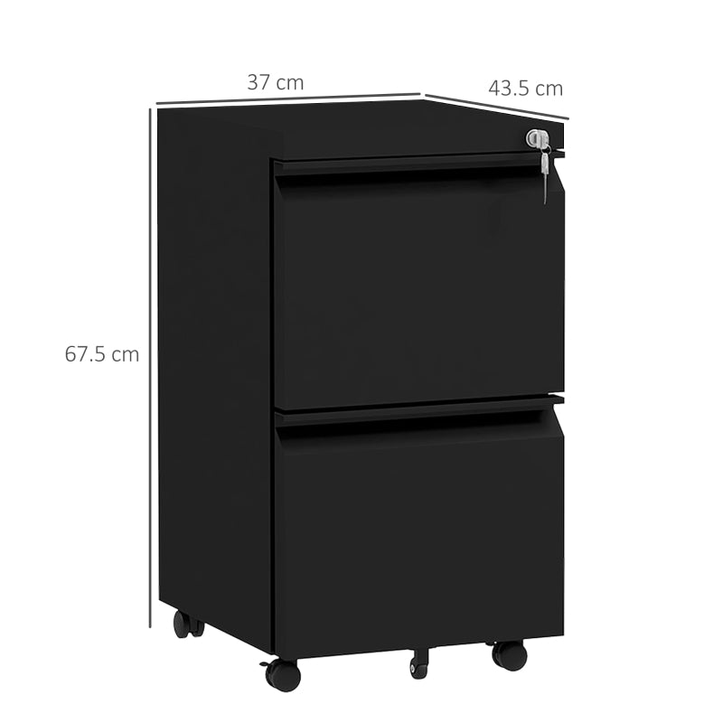 Black Steel 2-Drawer Mobile Filing Cabinet for Letter, A4, Legal Size