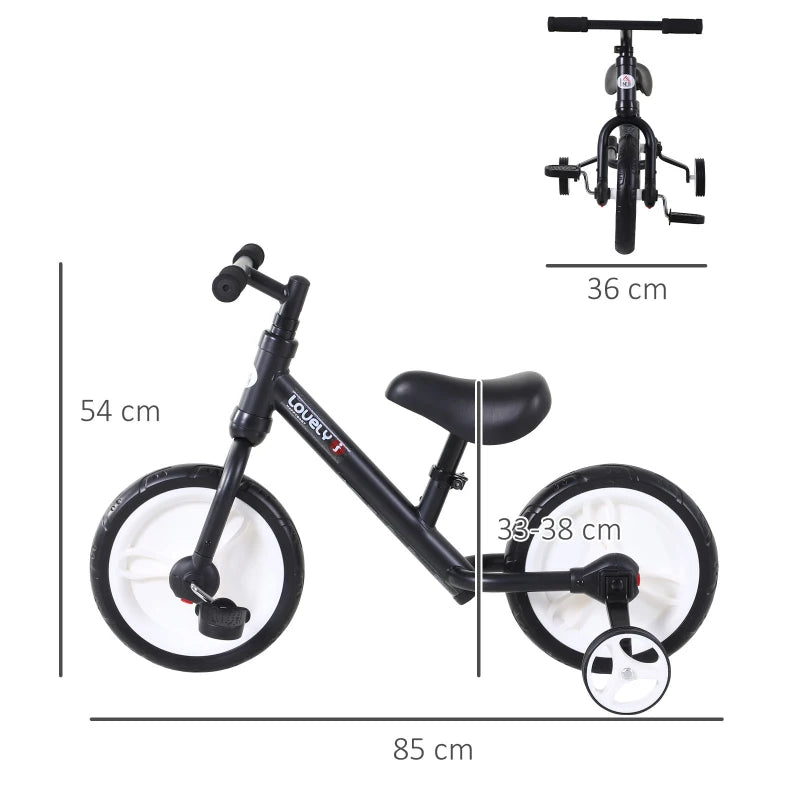 Black Kids Balance Bike with Removable Stabilizers - Ages 2-5