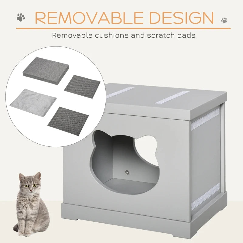 Grey Cat Cube Bed with Soft Cushion and Scratching Pad