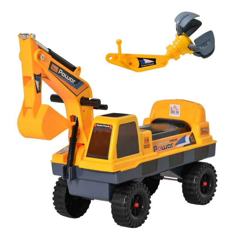 Kids Yellow Ride-On Excavator with Detachable Digging Bucket and Grab Bucket