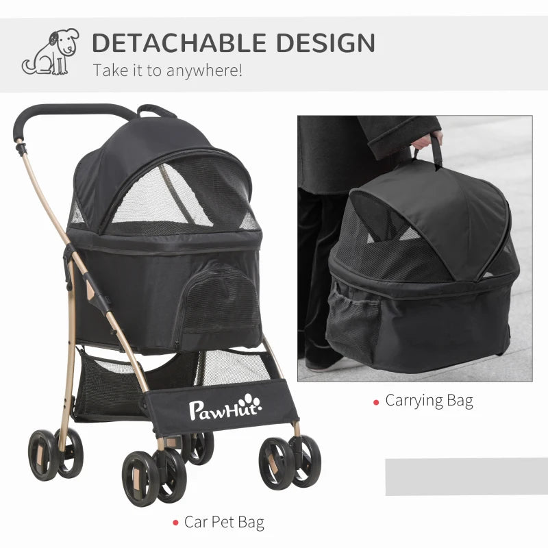 Black Pet Stroller with Rain Cover, 3-in-1 Cat Dog Pushchair