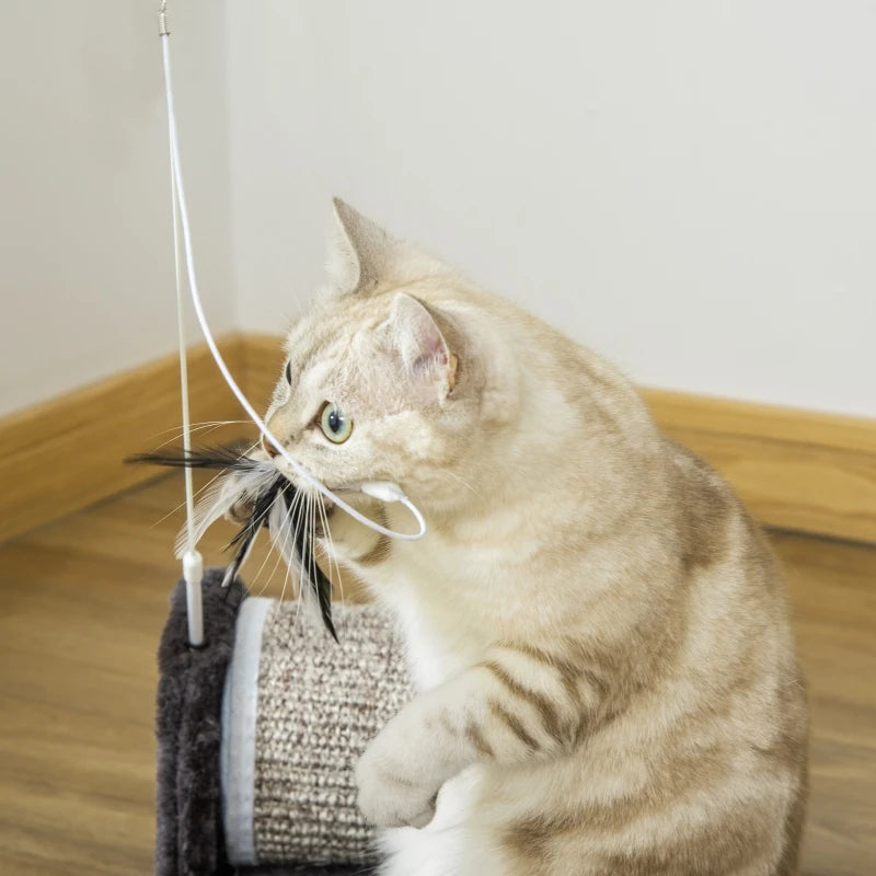 Grey Cat Scratcher Board with Roller and Feather Toy, 44 x 24 x 16 cm