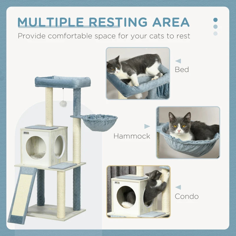 Modern Grey Cat Tree with Scratching Posts and Hammock