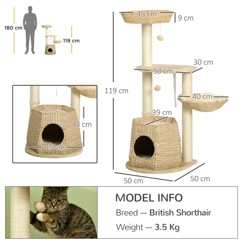 Cat Tree Activity Centre with Cattail, Bed, House, Sisal Post, Ball - Natural