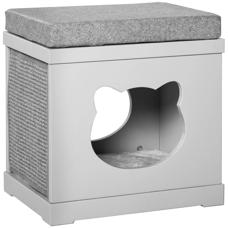 Grey Cat Cube Bed with Soft Cushion and Scratching Pad