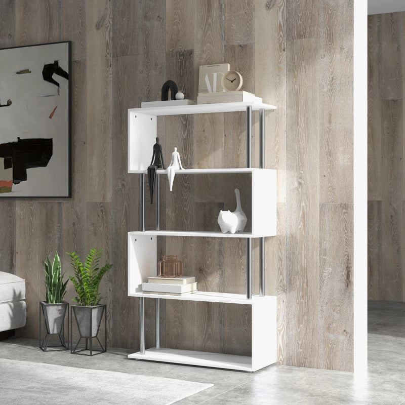 White S-Shaped 5-Tier Bookcase - Modern Freestanding Storage Shelf