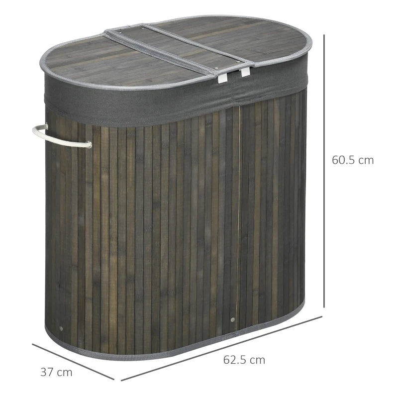 Grey Bamboo Laundry Basket with Lid, 100L, 2 Sections, Washable Lining, 62.5 x 37 x 60.5cm