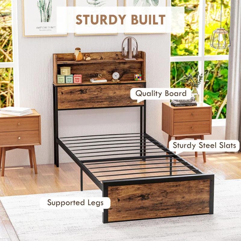 Rustic Brown Steel Single Bed Frame with Storage, 3.1FT