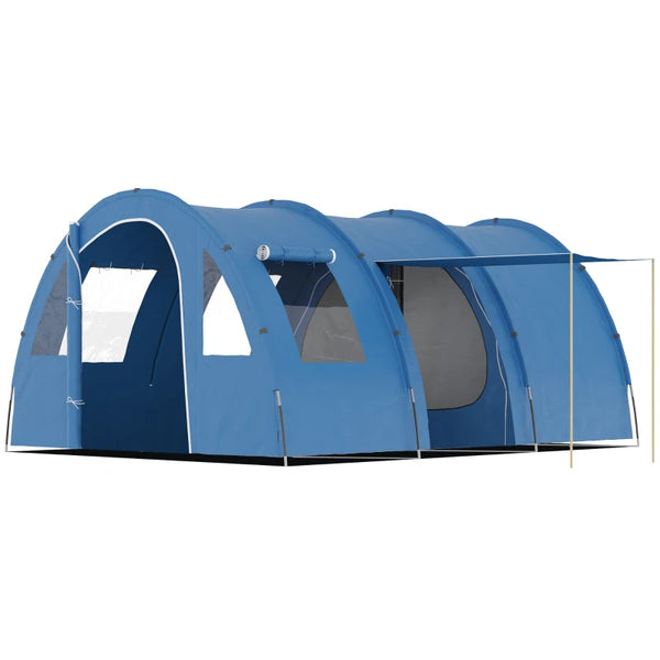 6-Person Blue Tunnel Camping Tent with Two Rooms and Carry Bag