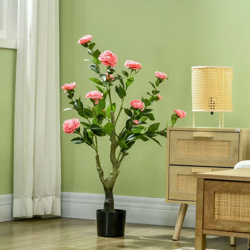 Artificial Pink Camellia Flower in Pot, Indoor Outdoor Fake Plant, 95cm