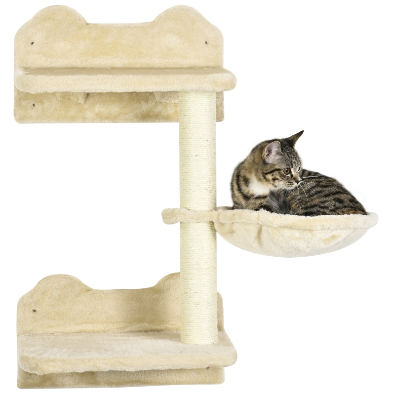 Beige Wall-Mounted Cat Tree with Scratching Post - 4 Piece Cat Shelf