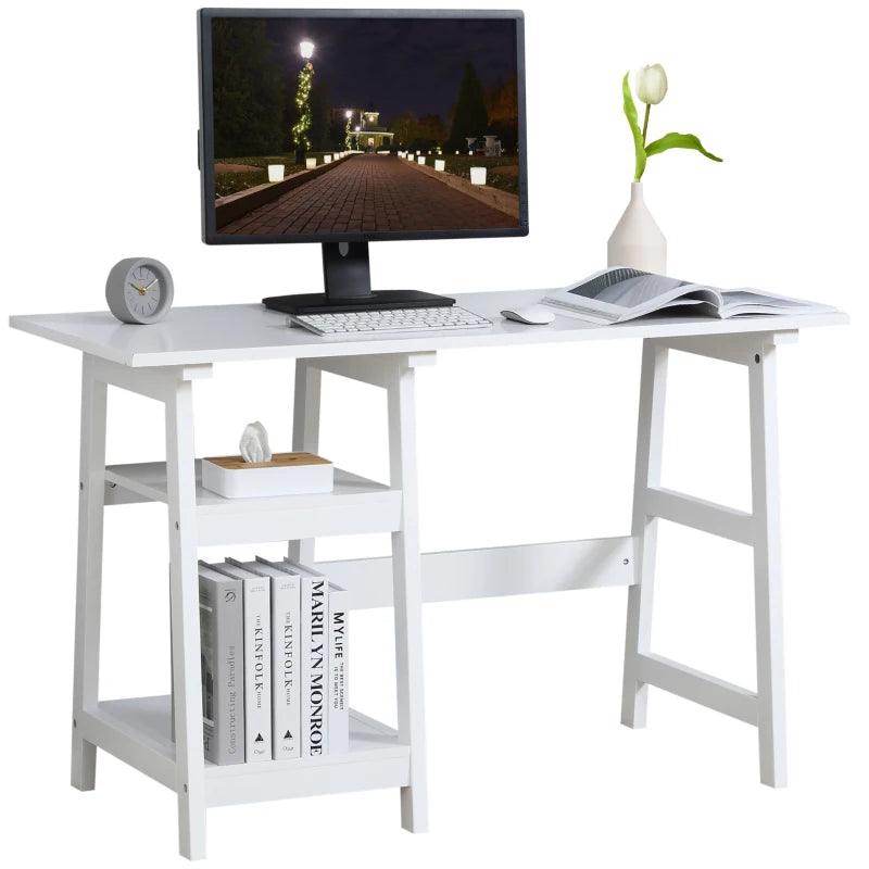 White Compact Computer Desk with Storage Shelves - Home Office Study Table