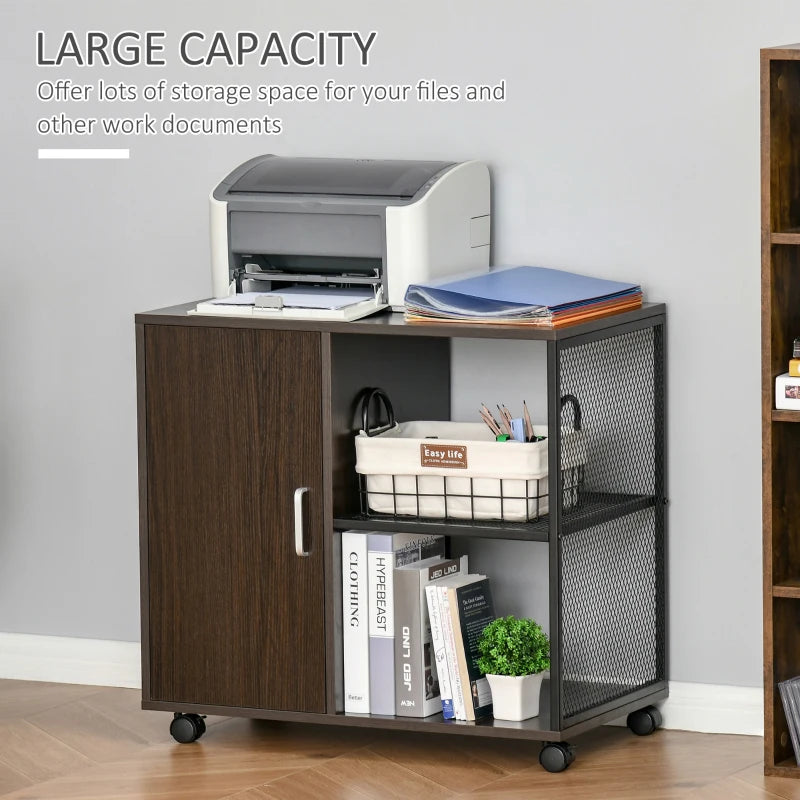 Brown Mobile Printer Stand with Storage Cabinet and Castors