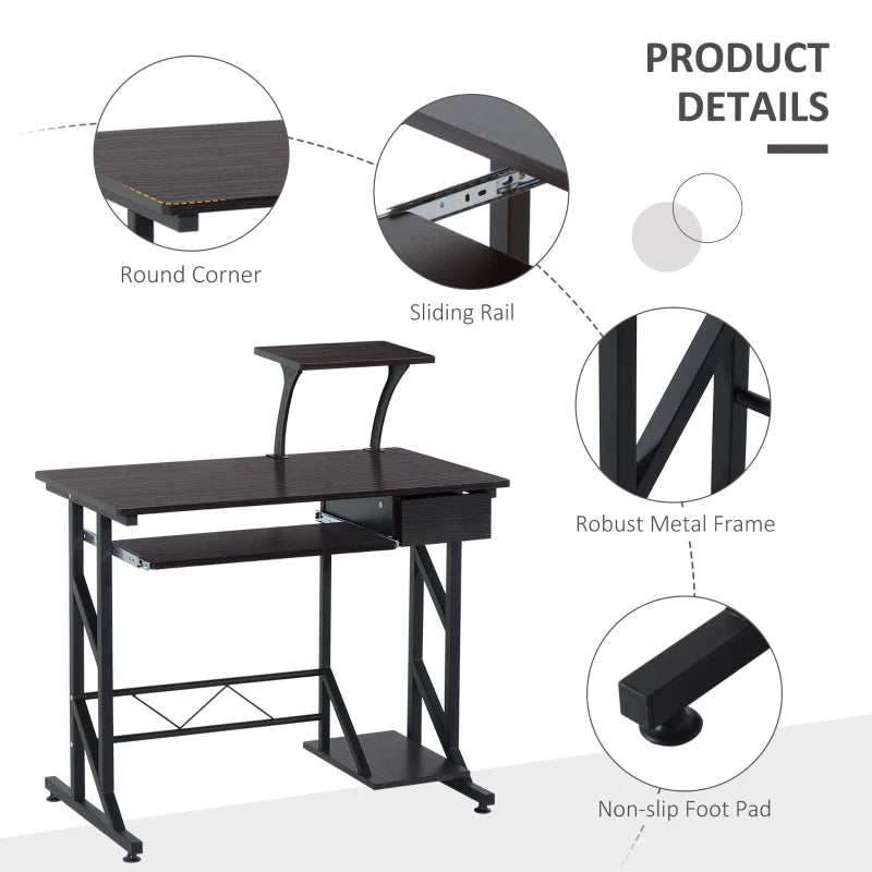 Dark Brown Computer Desk with Display Stand and Sliding Keyboard Tray