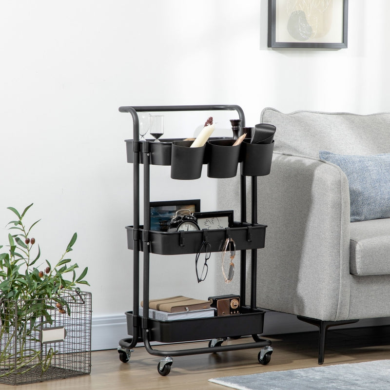 Black 3 Tier Utility Rolling Cart with Baskets and Hooks