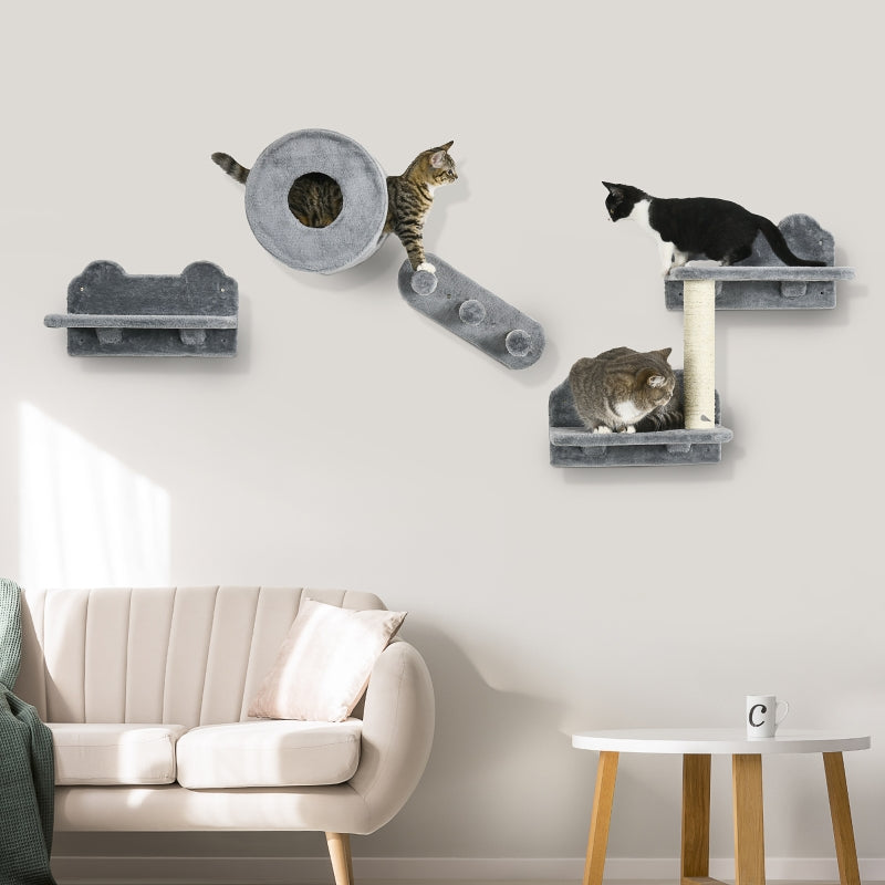 Grey Wall-Mounted Cat Tree with Steps, Perch, Cat House - 4PCs