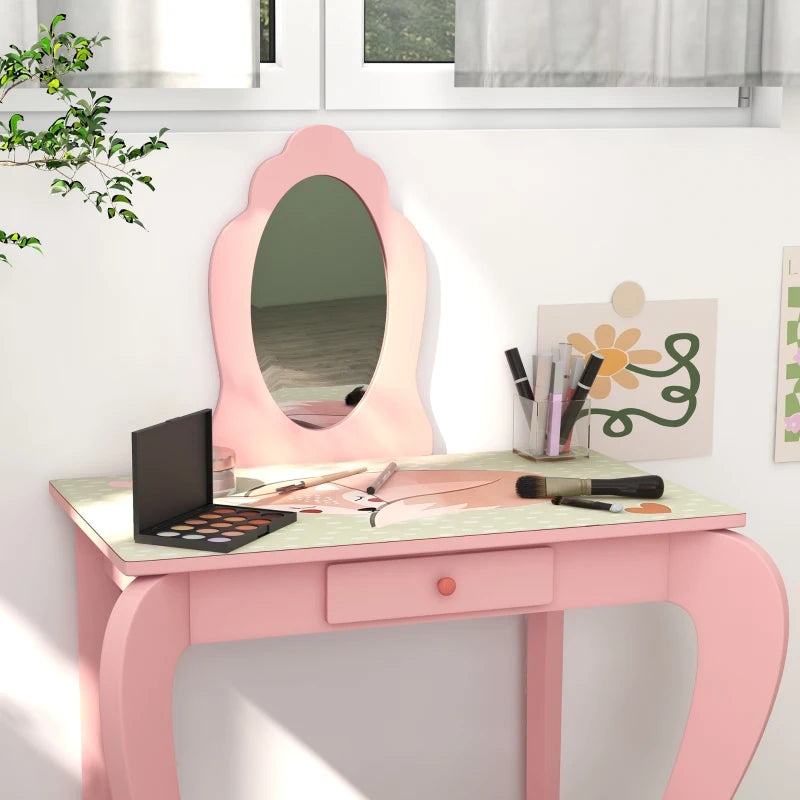 Kids Pink Dressing Table Set with Mirror, Stool, Drawer - Cute Animal Design