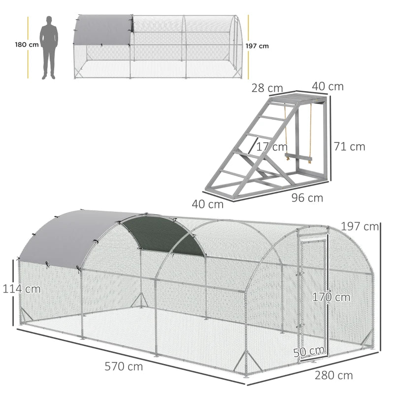 Large Chicken Run with Activity Shelf and Cover, 2.8 x 5.7 x 2m, Green