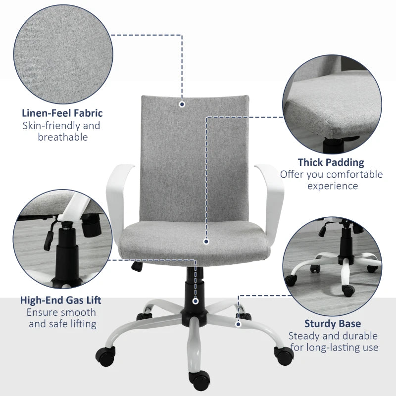 Light Grey Linen Swivel Office Chair with Armrests & Wheels