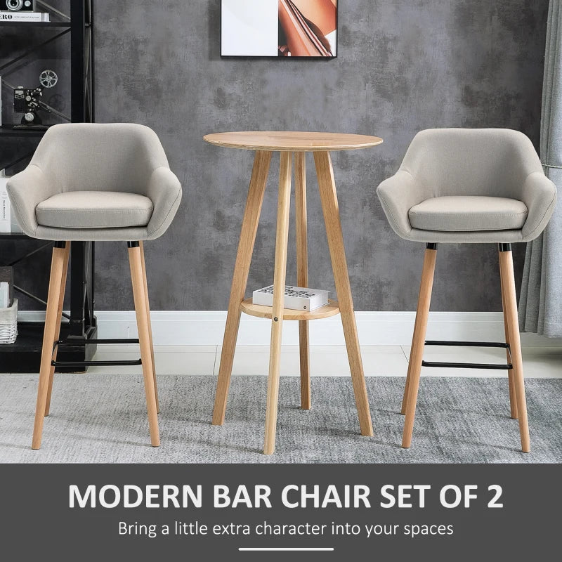 Beige Upholstered Bar Stools Set of 2 - Modern Metal Frame, Solid Wood Legs