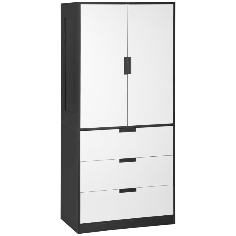 Black Modern 2-Door Wardrobe with 3 Drawers and Hanging Rod