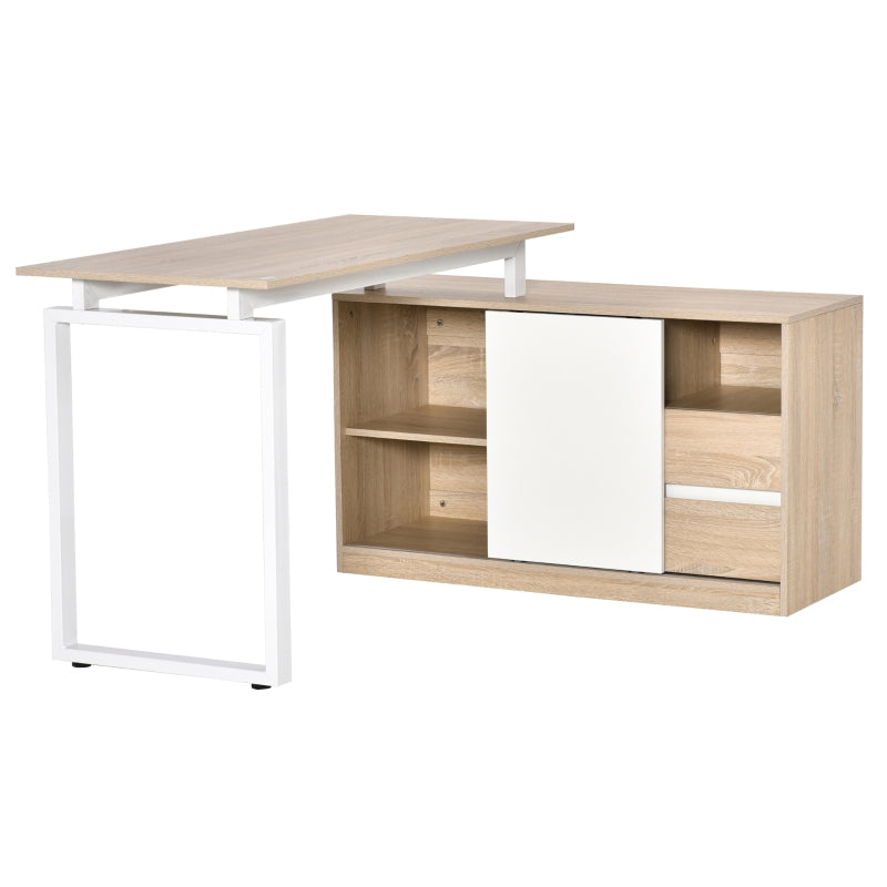 Oak Beige L-Shaped Computer Desk with Storage Shelf