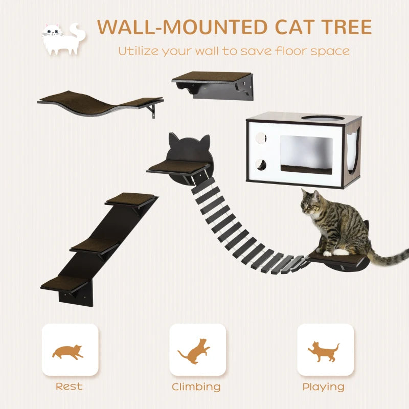 Brown Cat Wall Shelves Set - 5-Piece Wall-Mounted Cat Tree