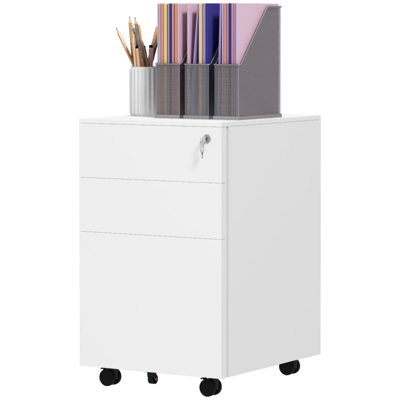 White 3-Drawer Steel Filing Cabinet with Lock and Wheels