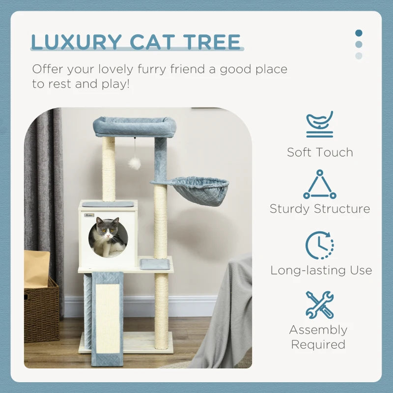 Modern Grey Cat Tree with Scratching Posts and Hammock