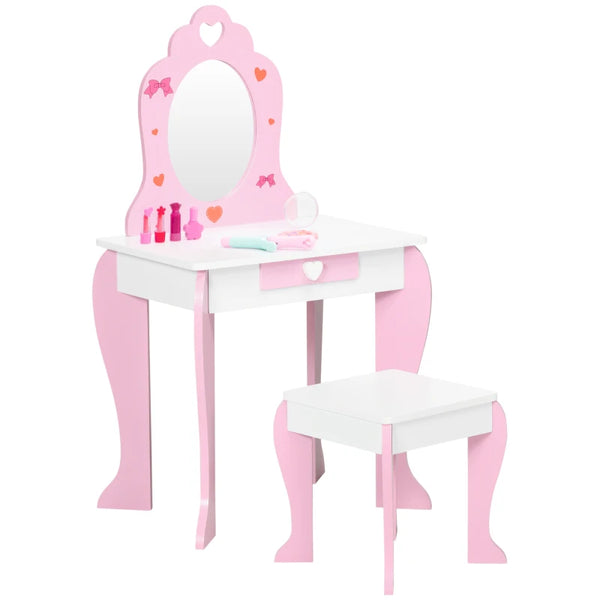 Kids Pink Dressing Table Set with Mirror, Stool, Drawer - Cute Patterns, Ages 3-6