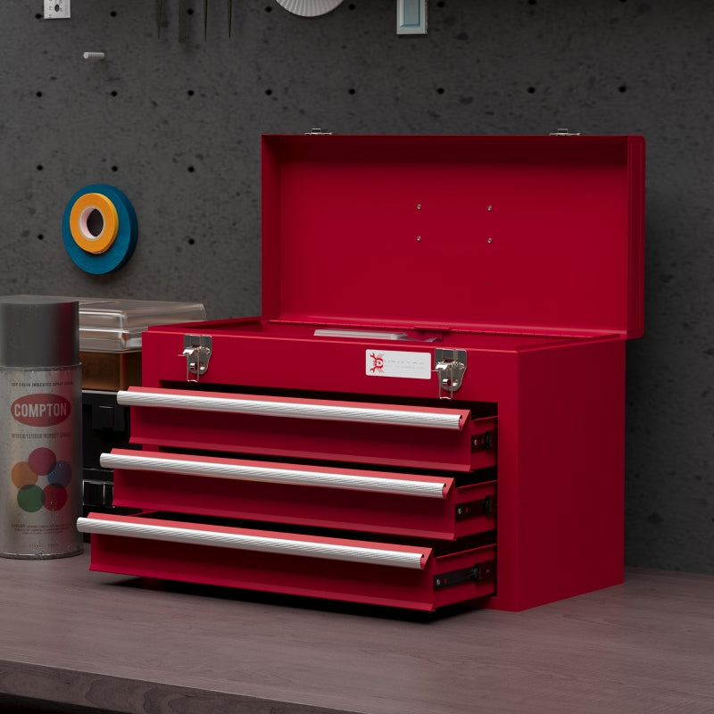 Red 3-Drawer Lockable Metal Tool Box with Handle and Ball Bearing Runners