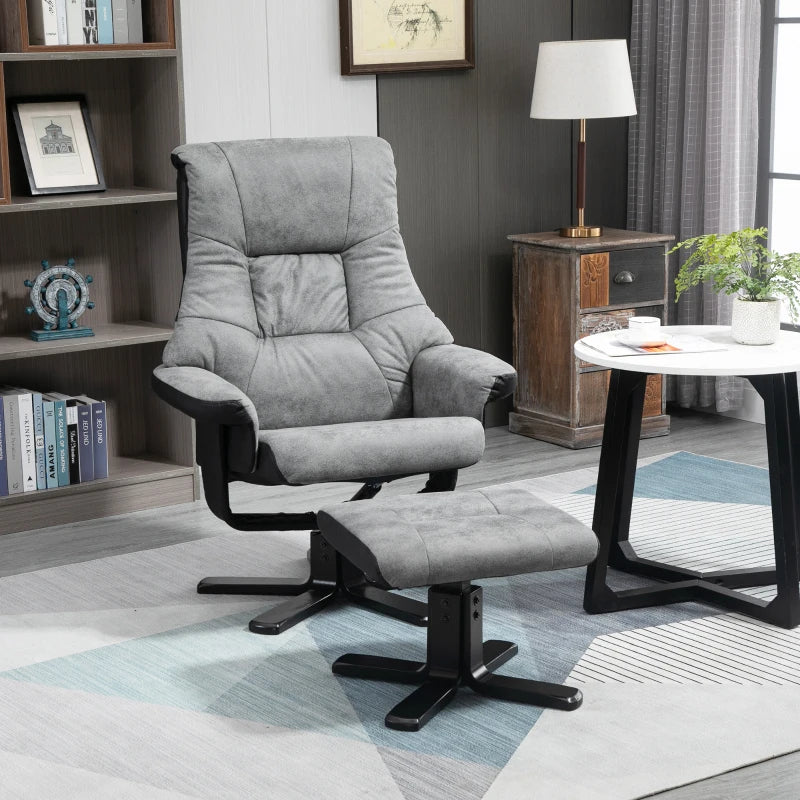 Grey Fabric Swivel Recliner Armchair Set with Footstool