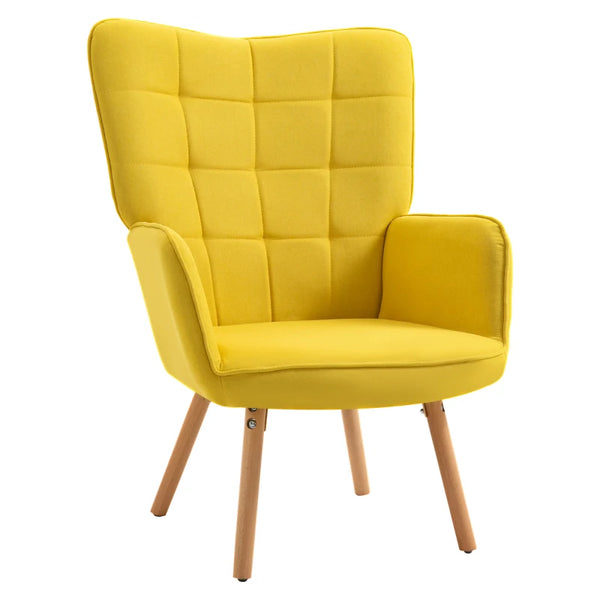 Yellow Velvet Tufted Wingback Armchair with Wood Legs