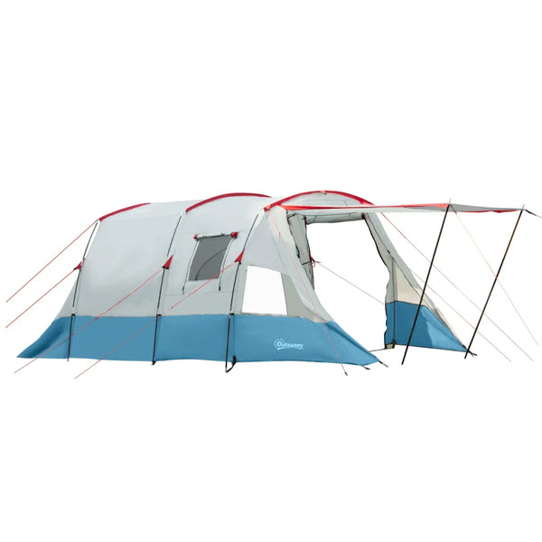 Blue 6-8 Person Tunnel Camping Tent with Bedroom, Living Room, 3 Doors