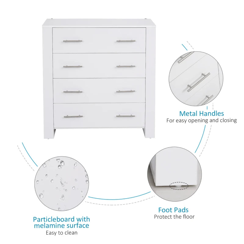 White 4-Drawer Bedroom Storage Cabinet with Metal Handles