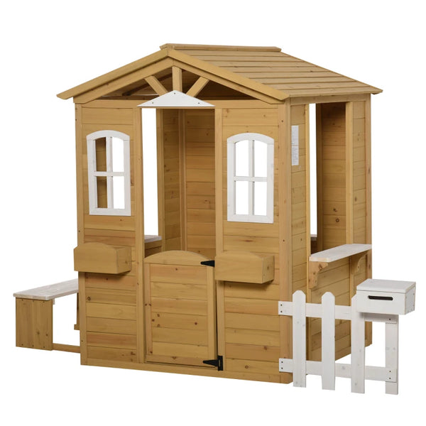 Wooden Outdoor Playhouse with Door and Windows - Natural