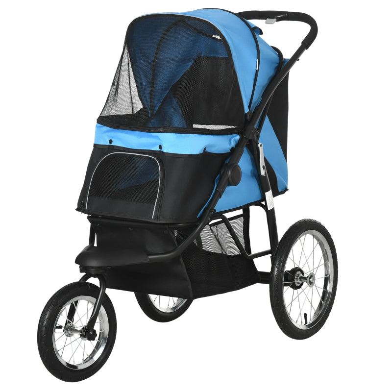 Blue Pet Stroller for Medium and Small Dogs - Foldable Jogger with Adjustable Canopy and Washable Cushion