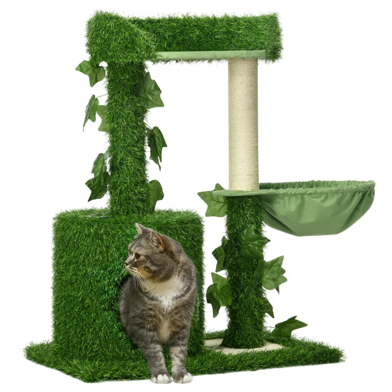 Green Cat Tree with Leaves, Scratching Posts, Hammock - 77cm