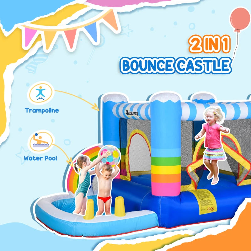 Kids Inflatable Bounce Castle with Trampoline Pool & Climbing Wall - Blue